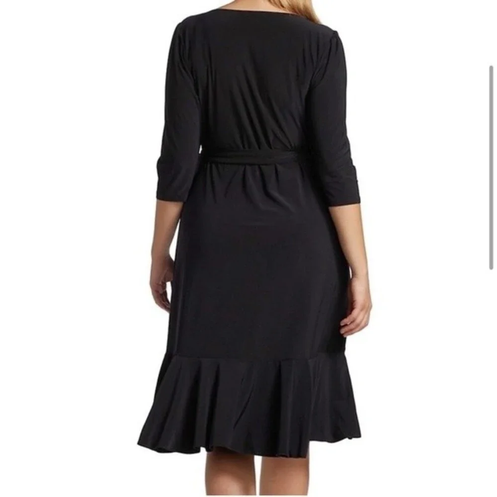 NWT Kiyonna | Whimsy Ruffle Wrap‎ Dress 3/4 Long Sleeve V Neck Black Noir S